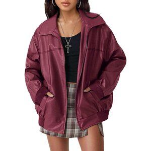 Women's Burgundy Faux Leather Zip-Up Jacket with Ribbed Cuffs and Pockets
